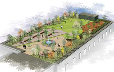 噴水のある屋上庭園