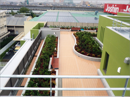 大阪府東大阪市の老人ホームに和みの屋上緑化と中庭