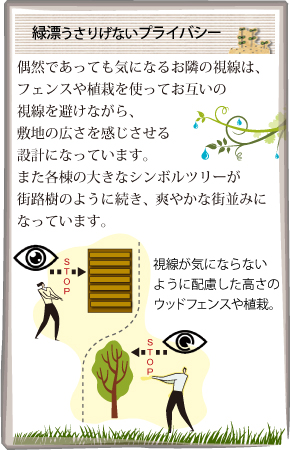 緑漂うさりげないプライバシー 偶然であっても気になるお隣の視線は、フェンスや植栽を使ってお互いの視線を避けながら、敷地の広さを感じさせる設計になっています。また各棟の大きなシンボルツリーが街路樹のように続き、爽やかな街並みになっています。