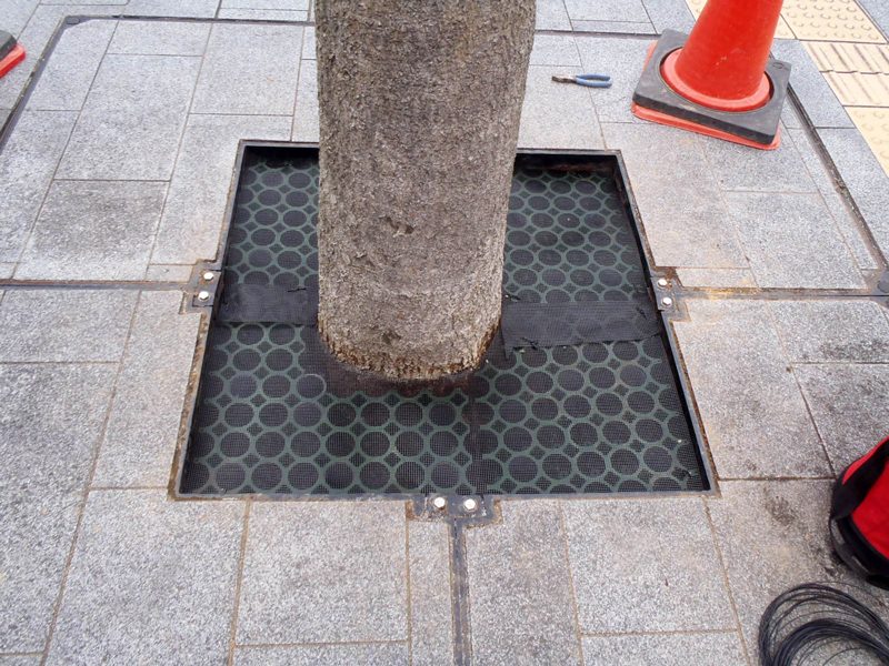 樹木の根元保護に芝生保護材を応用する