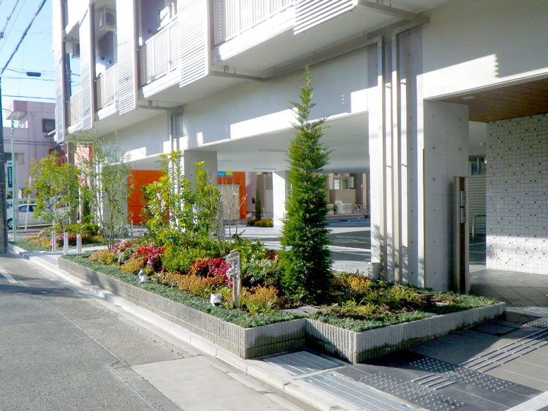 老人ホーム ひびのファミリアの屋上緑化と外構緑化工事